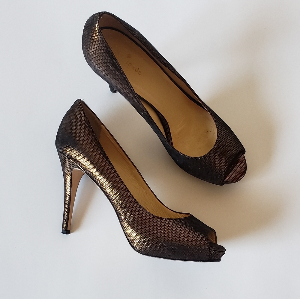 KATE SPADE BRONZE METALLIC SPARKLY OPEN TOE HEELS